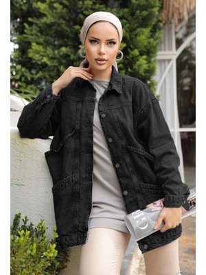 Siyah Çift Cepli Oversize Kot Ceket