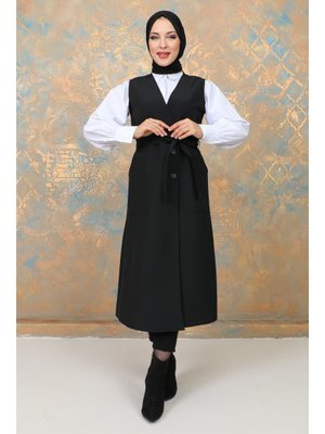 Siyah Uzun Yelek Kemerli Trençkot