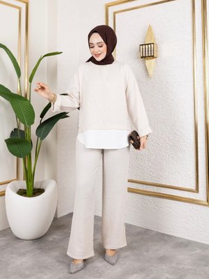 Bej Bisiklet Yaka Önü Gömlek Detaylı Keten İkili Pantolon Takım Bej Bisiklet Yaka Önü Gömlek Detaylı Keten İkili Pantolon Takım