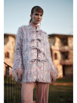 Pudra Milana Tüylü Jakar Ceket