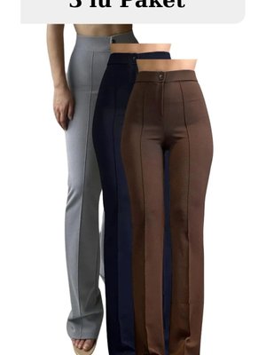 Kahverengi Lacivert Gri Likralı Yüksek Bel Palazzo 3'lü Set Pantolon