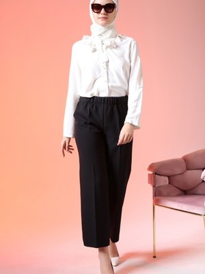 Kadin Tesettur Genis Paca Beli Lastikli Pantolon Siyah