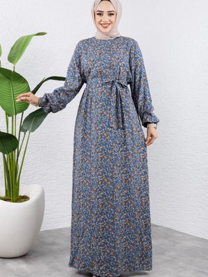 Renkli Çiçekli Viskon Elbise Mavi Renkli Çiçekli Viskon Elbise Mavi