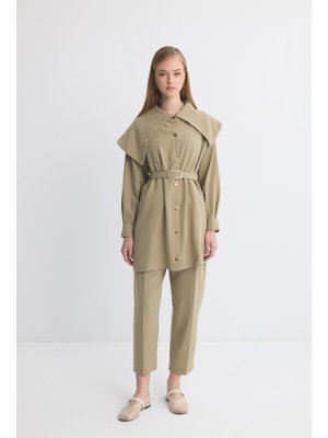 Haki Leor Yaka Detay Düğmeli Takım