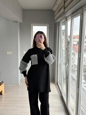 Kadın Cep Detaylı Triko Kazak Pantolon Alt Üst Takım Kolları Çizgili Model