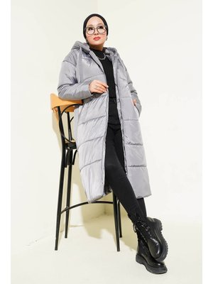 Gri Kapüşonlu Uzun Şişme Mont Gri Kapüşonlu Uzun Şişme Mont