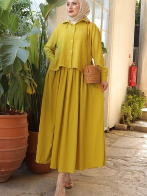 Yağ Yeşili Ön Kısa Arka Uzun Gömlek Etek Bürümcük Takım Yağ Yeşili Ön Kısa Arka Uzun Gömlek Etek Bürümcük Takım