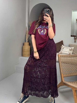 Bordo Dantel Parçalı Uzun Etek Bordo Dantel Parçalı Uzun Etek