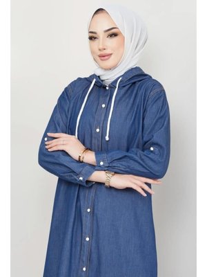 Koyu Mavi Kapşüonlu Düğmeli Tensel Ferace Koyu Mavi Kapşüonlu Düğmeli Tensel Ferace