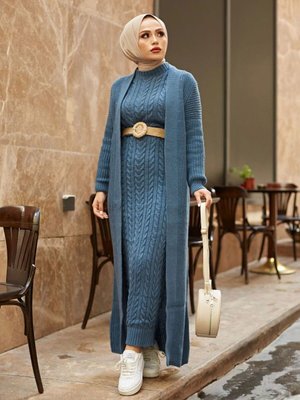 Lacivert Saç Örgü Desenli Triko Elbise Ceket Takım Lacivert Saç Örgü Desenli Triko Elbise Ceket Takım