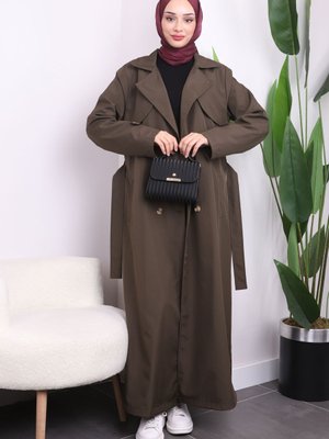 Haki Bel Kuşaklı Düğmeli Trenç Haki Bel Kuşaklı Düğmeli Trenç