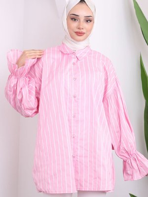 Pembe Kol Lastikli Çizgili Gömlek Pembe Kol Lastikli Çizgili Gömlek