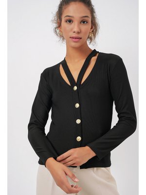Siyah Düğmeli Basic Triko Hırka
