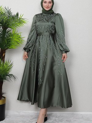 Buğlem Taşlı Abiye Elbise Haki Buğlem Taşlı Abiye Elbise Haki
