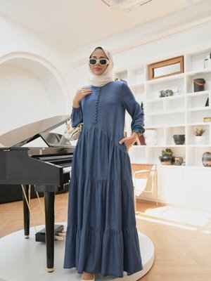 Britli Düğmeli Büzgülü Elbise Koyu Mavi