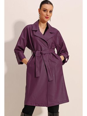 Mürdüm Kuşaklı Suni Deri Trençkot Mürdüm Kuşaklı Suni Deri Trençkot