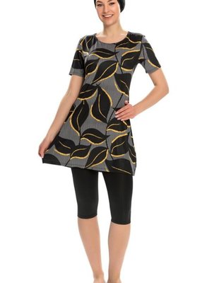 Siyah Likralı Yarı Kapalı Mayo Dev Yapraklar