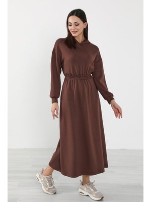 Kahverengi Rahat Kesim Günlük Kapüşonlu Elbise,elb