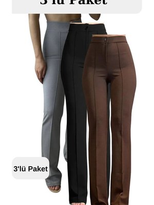 Gri Siyah Kahverengi Likralı Yüksek Bel Palazzo 3'lü Set Pantolon