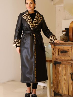 Siyah Leopar Desenli Kemerli Kaban
