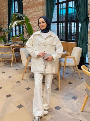 Ekru Gabardin Varaklı Ceket