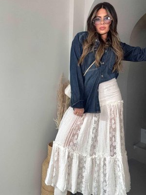 Ekru Brodeli Dantel Uzun Etek