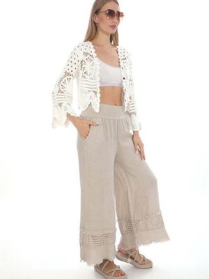 Bej İtalyan Fisto Detaylı Keten Pantolon