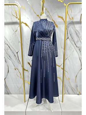 Lacivert Belfin Krep Saten Abiye Elbise