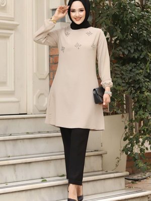 Boncuk İşlemeli Kol Ucu Lastikli Tunik Boncuk İşlemeli Kol Ucu Lastikli Tunik