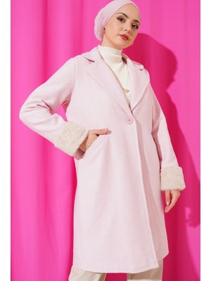 Pudra Kolları Tüylü Balık Sırtı Kaşe Kaban