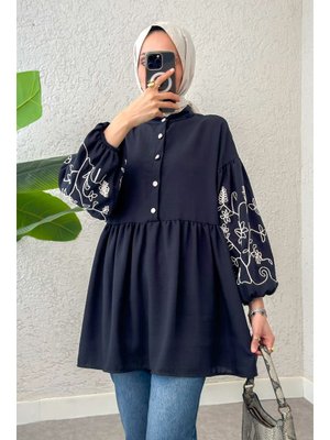 Lacivert Nakışlı Balon Kol Tunik