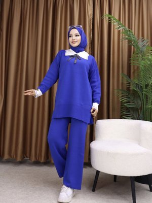 Saks Mavisi Bebe Yaka Pantolonlu İkili Triko Takım Saks Mavisi Bebe Yaka Pantolonlu İkili Triko Takım