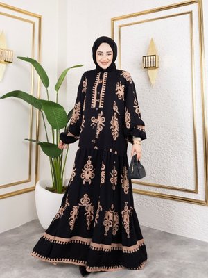 Siyah Önü Düğmeli Hakim Yaka Ve Büyük Battal Beden Balon Kol Dokuma Viskon Elbise Siyah Önü Düğmeli Hakim Yaka Ve Büyük Battal Beden Balon Kol Dokuma Viskon Elbise