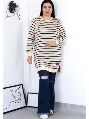 Büyük Beden İki İplik Lacivert Çizgili Tunik