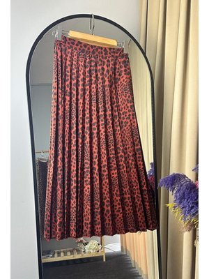 Bordo Leopar Desen Piliseli Etek Bordo Leopar Desen Piliseli Etek