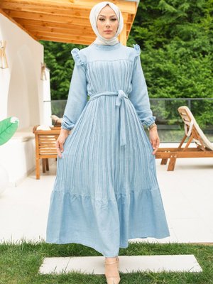 Bebe Mavi Fırfırlı Piliseli Kuşaklı Elbise Bebe Mavi Fırfırlı Piliseli Kuşaklı Elbise