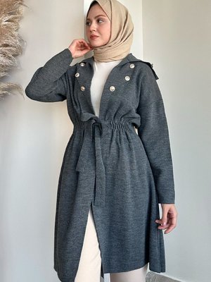 Düğme Detay Bağcıklı Gri Triko Hırka Düğme Detay Bağcıklı Gri Triko Hırka