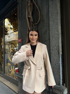 Bej Kemer Detaylı Astarlı Blazer Ceket