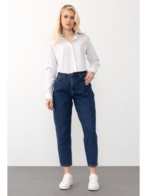 Koyu Mavi Yüksek Bel Carrot Fit Jean Pantolon