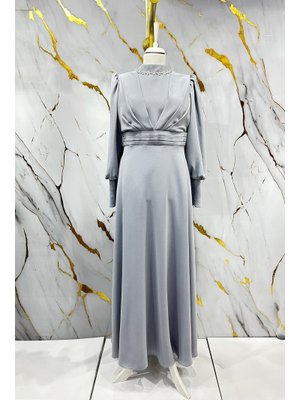 Gri Katre Krep Abiye Elbise Gri Katre Krep Abiye Elbise