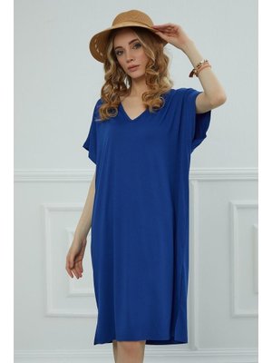 Saks Mavisi Yırtmaçlı Penye Kısa Elbise,elb