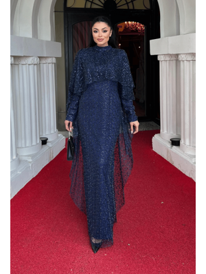 Lacivert Full Boncuk Kumaş Pelerin Detaylı Abiye Elbise