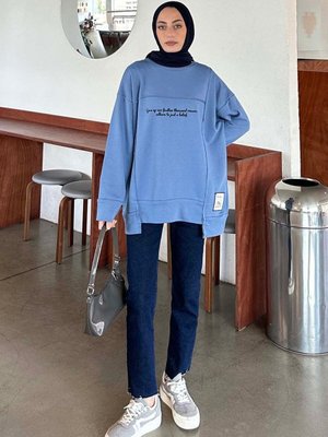Give Up Can Yazılı Sweatshirt Mavi Give Up Can Yazılı Sweatshirt Mavi