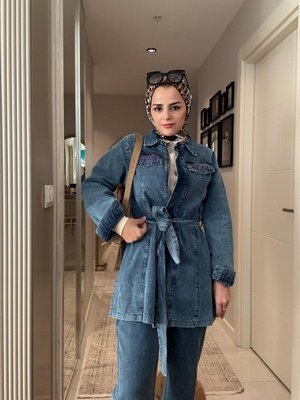 Kemerli Taş Detaylı Denim Gömlek İkili Takım Koyu Mavi Giyim