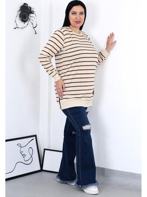 Büyük Beden İki İplik Kahverengi Çizgili Tunik