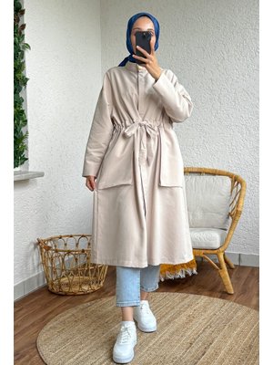 Krem Bel Büzgü Kuşaklı Kap