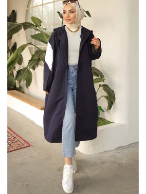 Lacivert Parlak Kol Detaylı Trençkot