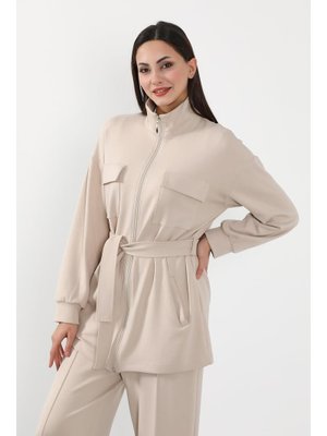 Bej Fermuarlı Cepli Swet Ceket,sw