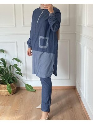 Yakası Fermuarlı Cep Detaylı Tesettür Kot Takım
