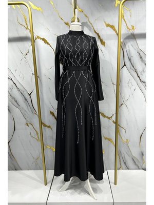 Siyah Feray Saten Abiye Elbise